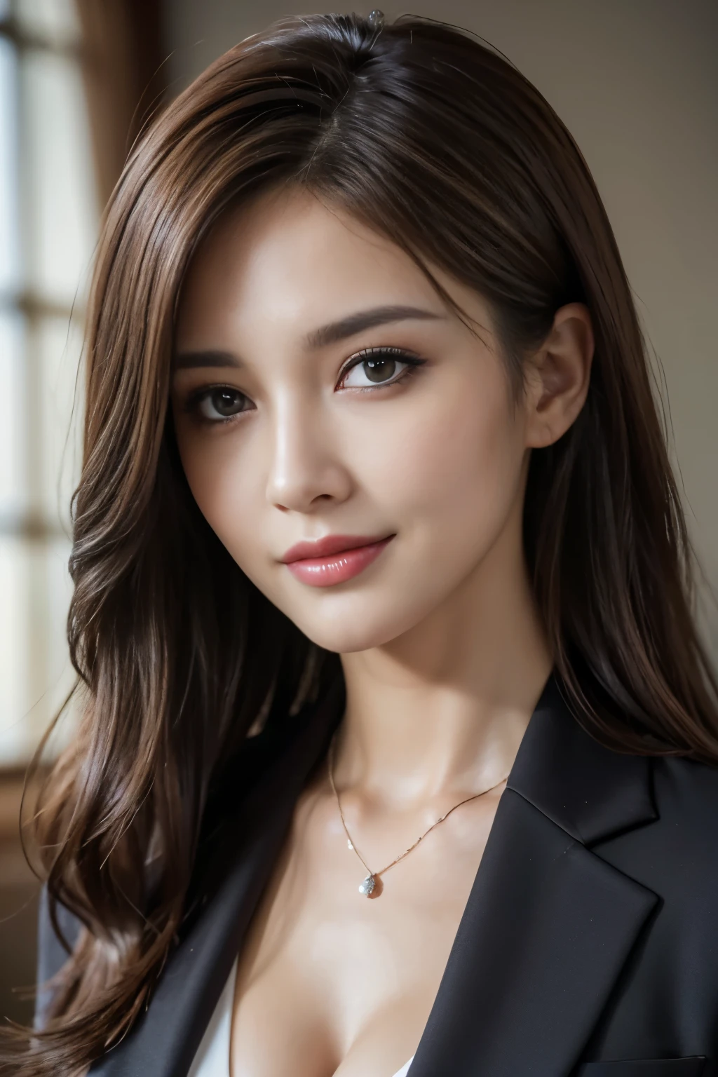 Tabletop, highest quality, Realistic, Very detailed, finely, High resolution, 8k wallpaper, One beautiful woman, Light brown messy hair, Wear a business suit, Facing forward, Sharp focus, Perfect dynamic composition, Beautiful and detailed, Thinning hair, Detailed Realistic skin texture, smile, Close-up portrait, Model Body Type
