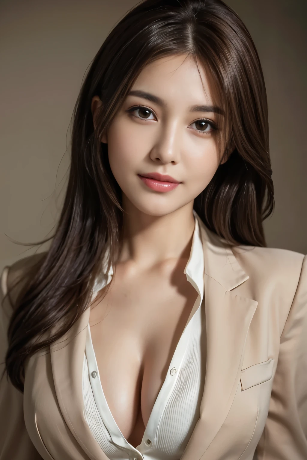 table top, highest quality, realistic, Super detailed, finely, High resolution, 8k wallpaper, 1 beautiful woman,, light brown messy hair, wearing a business suit, sharp focus, perfect dynamic composition, beautiful and detailed eyes, thin hair, Detailed realistic skin texture, smile, close-up portrait, model body shape,cleavage