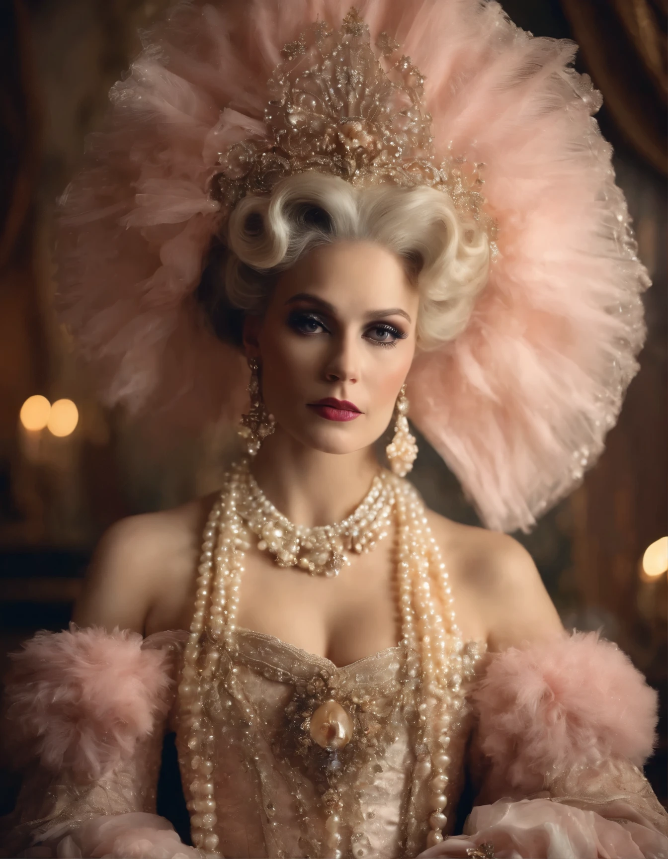 An black Marie Antoinette resplendent in opulent Rococo attire, radiating grandeur and extravagance with an extravagant headdress, adorned in delicate pearls and plush pastel hues, in the style of shiny rhinestone crystals