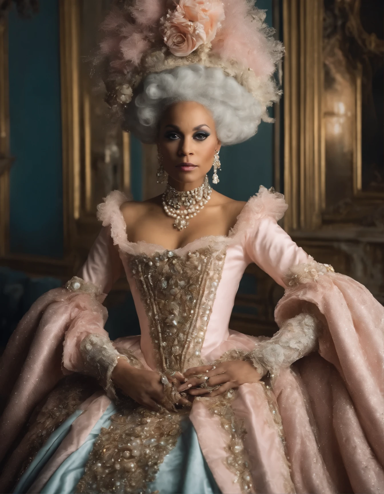 An black Marie Antoinette resplendent in opulent Rococo attire, radiating grandeur and extravagance with an extravagant headdress, adorned in delicate pearls and plush pastel hues, in the style of shiny rhinestone crystals
