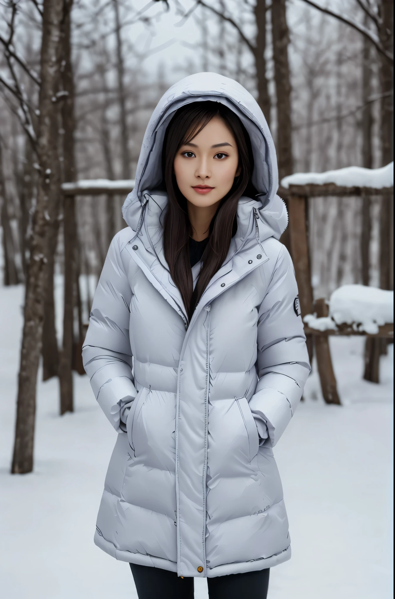 Alafed drawing of a girl in a white jacket and brown teddy bear, In an anime style, made with anime painter studio, inspired by Rei Kamoi, anime style character, In anime style, Full body:: Snow outside::, Cold, a cold, Wearing a detailed purple coat, Cold snow outside, unrealistic character concept