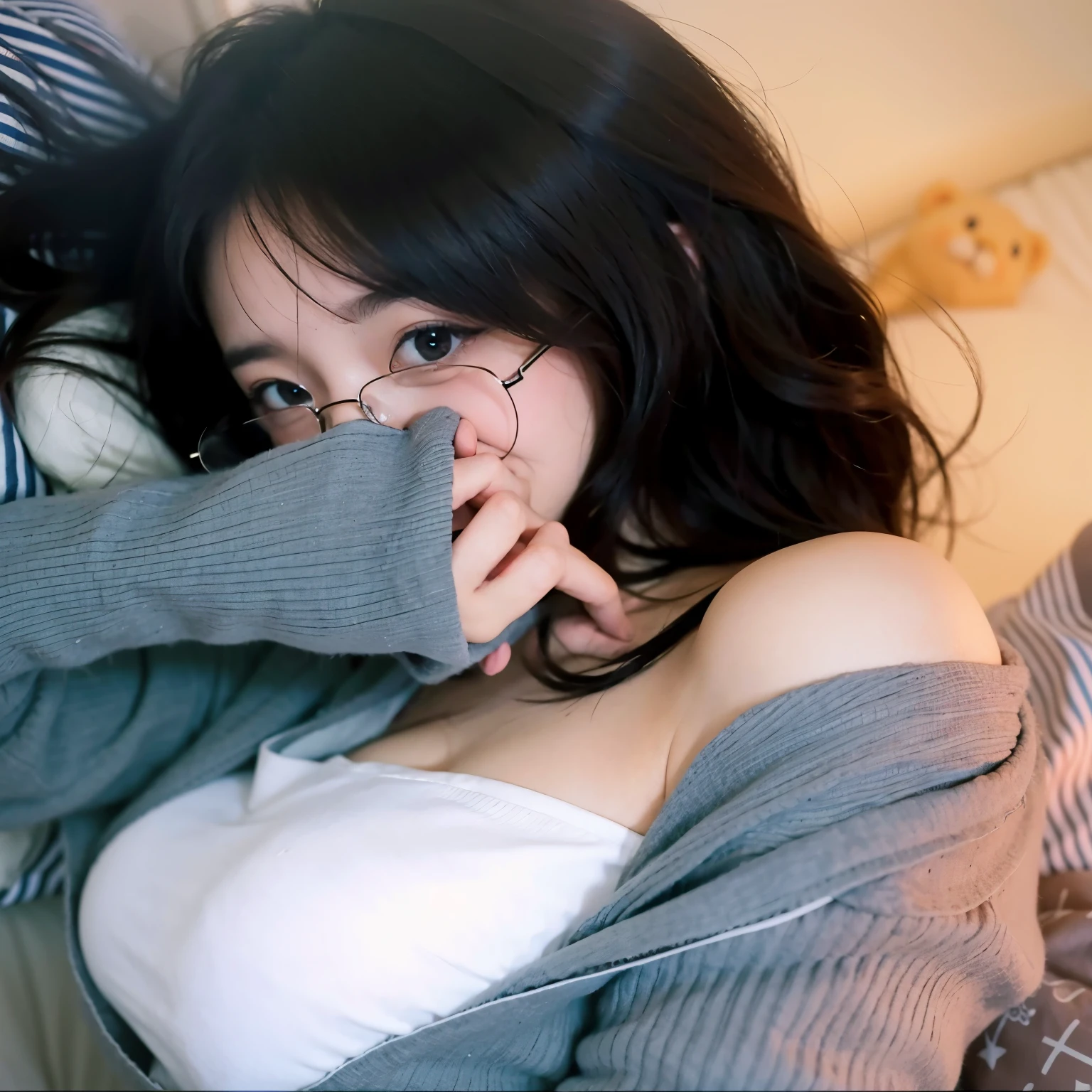 There's a woman lying in bed with a teddy bear, with glasses, anime. soft lighting, anaglyph effect ayami kojima, fotografia de baixa qualidade, tirada com canon eos 5 d, Ulzzang, capturado em canon eos r 6, taken with sony a7r camera, pose atraente, tirada com uma canon eos 5 d