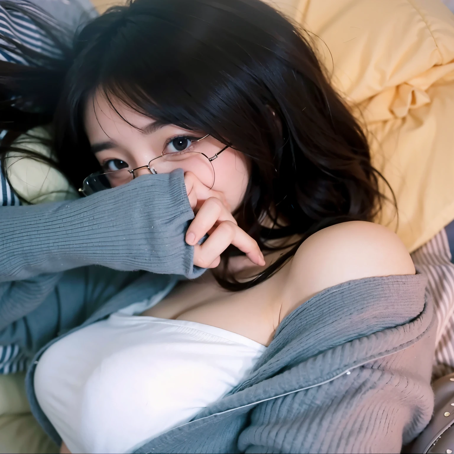 there is a woman with glasses sitting on a bed, with glasses, wore glasses, Yoshitomo Nara, sakimichan, Real young gravure idol, seductive anime girl, Cute elegant pose, thick glasses, with square glasses, with glasses on, very beautiful cute cat girl, ayami kojima amano