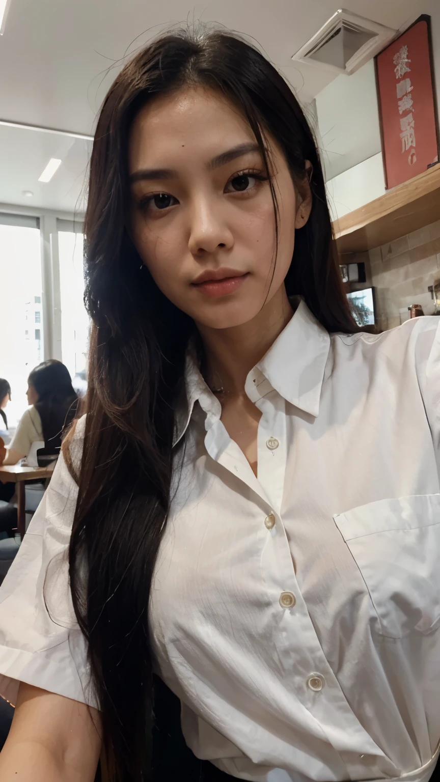 30 years old Hong Kong woman in cafe, white unbutton shirt, black straight long hair, closeup selfie, beautiful face, slim, symmetrical face, hyper realistic, sexy 