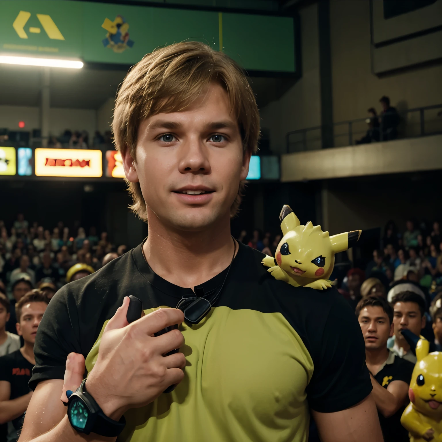 Steve irwin, 1 boy, male focus, blonde hair, holding, holding a microphone speaking to a crowd, Pikachu, Vaporeon, Jolteon and Bulbasaur are on his shoulders, in a Pokemon Gym, specular highlights, detailed face, detailed eyes,