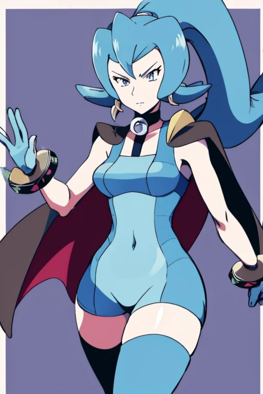 sabrina, pokemon, pkmnClair, ponytail, earrings, choker, cape, blue bodysuit, blue gloves, bracelet, blue boots