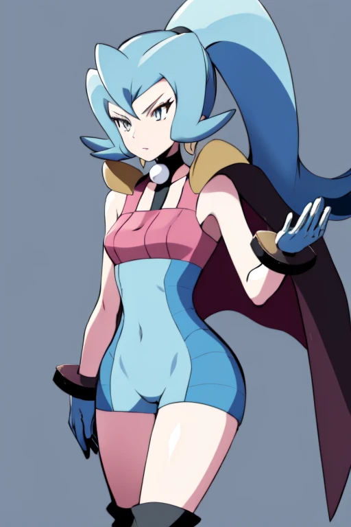 sabrina, pokemon, pkmnClair, ponytail, earrings, choker, cape, blue bodysuit, blue gloves, bracelet, blue boots