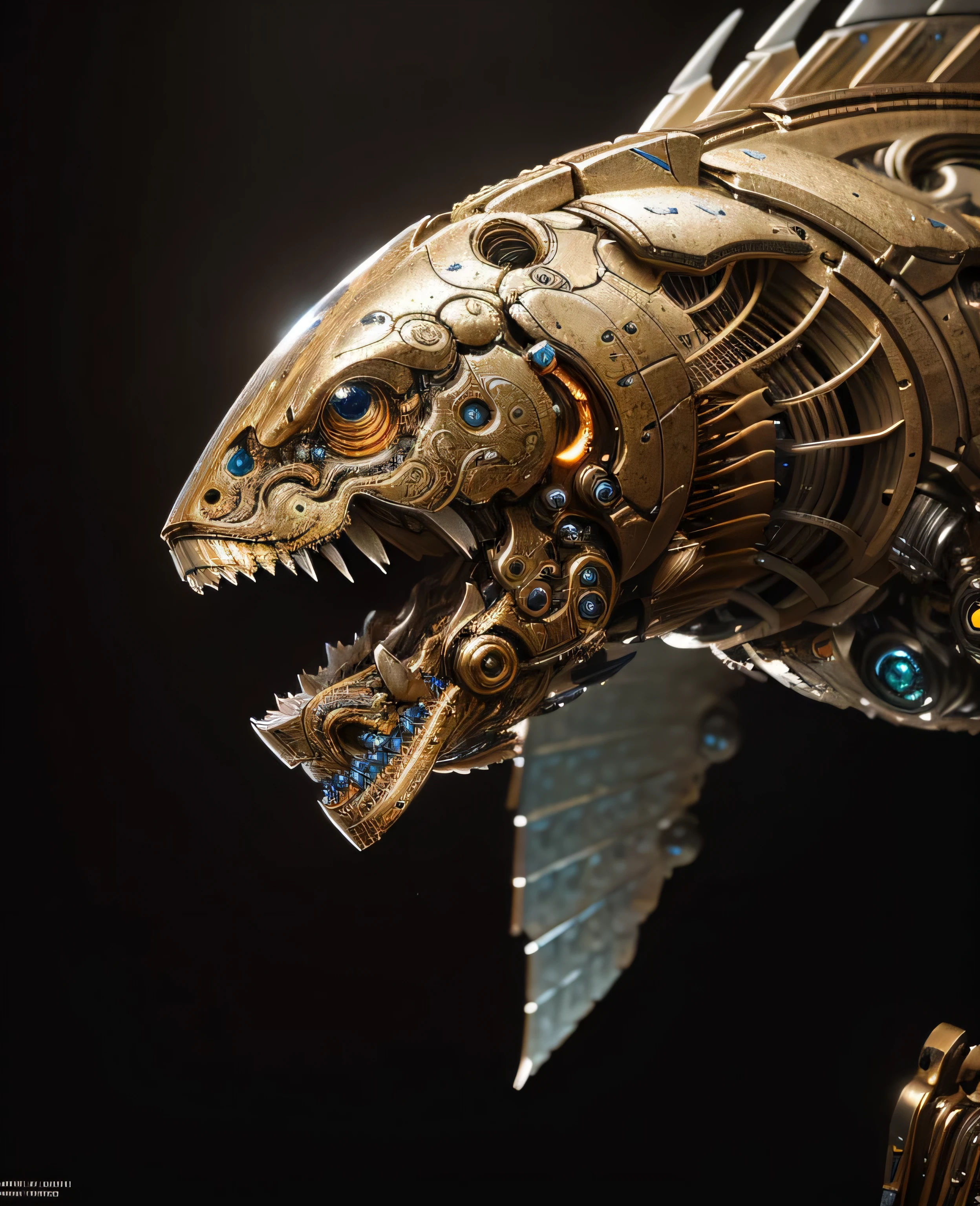 1mecha, best quality, biomechanical,  complex robot fish , hyper realistic, (hyper detailed:1.25), intricate, (insane fine details:1.1), Extremely sharp lines, scifi aesthetic, a masterpiece, featured on zbrush central    