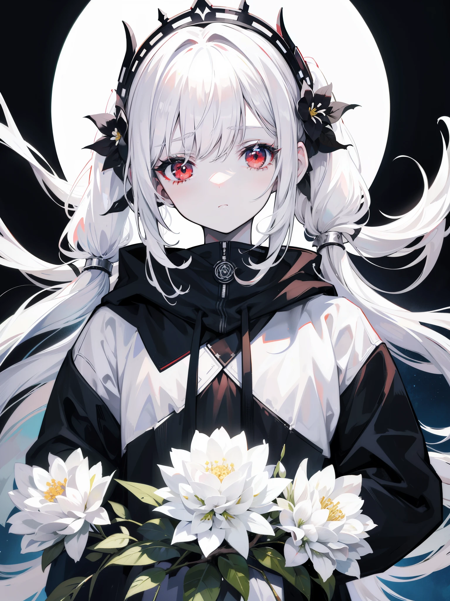 Pale skin, white hair, black hoodie, white flowers, flowers on head, Twintails, Loli, solo,{{best quality}}, {{masterpiece}}, {{ultra-detailed}}, {illustration}, {detailed light}, red eyes,long hair,