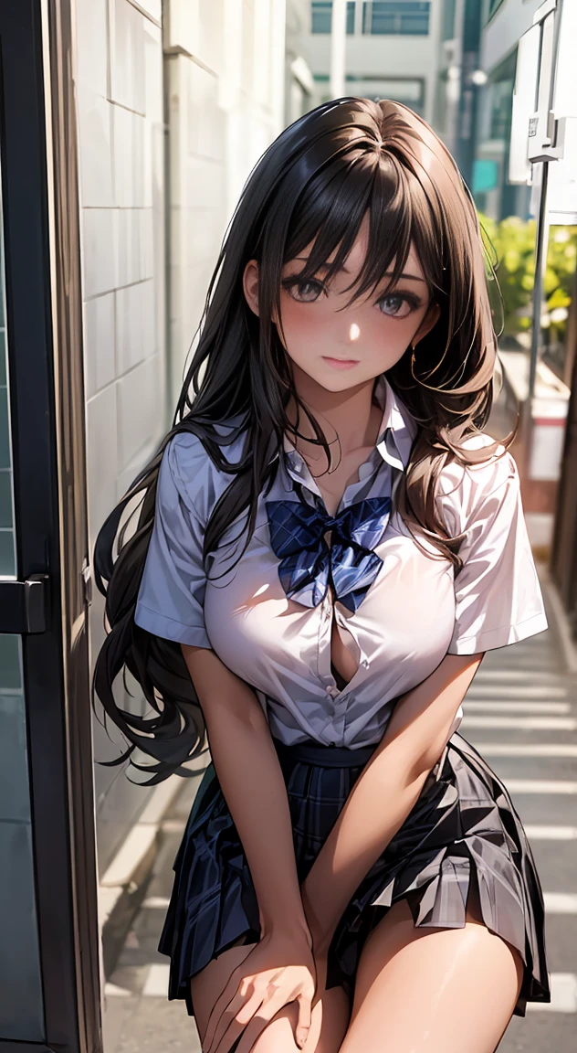 (masterpiece:1.2, highest quality), (realistic, photorealistic:1.4), beautiful illustrations,
looking at the viewer, whole body, Front view:0.6,
1 girl, Japanese, high School girl, (long hair:1.5), blown hair, ((french twist hair:1.5)), bangs, hair between eyes, big breasts:0.8,
beautiful hair, beautiful face, beautiful and detailed eyes, beautiful clavicle, beautiful body, beautiful breasts, beautiful thighs, beautiful feet, beautiful fingers,
(beautiful scenery), , School,
((Short sleeve shirt with collar, white shirt, School uniform, Grey plaid pleated skirt, Blue plaid bow tie)), white panties,
(Are standing, , lift the skirt, Grab the hem of the skirt, put your hand on your chest, hand between legs),
blush, ,