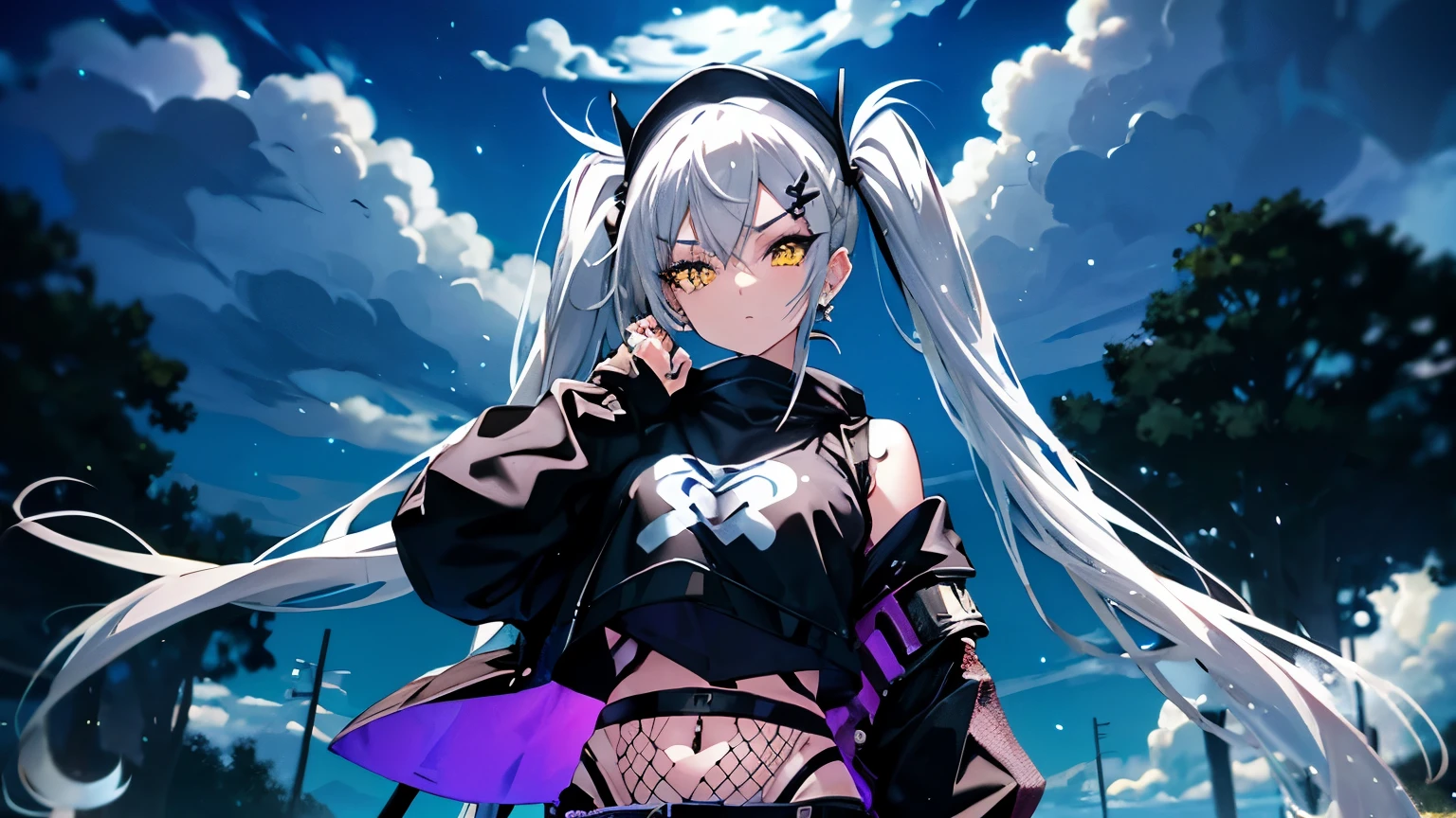 (Background of a large forest, blue night sky, stars, clouds above, clouds above character, medium shot of character, medium shot:1.5, full shot, centered character, centered, thighs, torso:1.1, standing), (elbows, detailed hands), (masterpiece, best quality, ultra detailed), 1girl, (purple lights), rave, (punk outfit, crop top, pierced ear, fishnets), full pose, facing viewer, science fiction, yellow eyes, medium length twintails that fall on either side of her head, silver hair, (dynamic), (defined subject, bokeh background), ((Glossy Makeup)), (black baseball cap), ((clouds above head, clouds above character)), black shorts, (two trees on either side of character, tree beside character), {((grass behind character, grass below character))}, elbow
