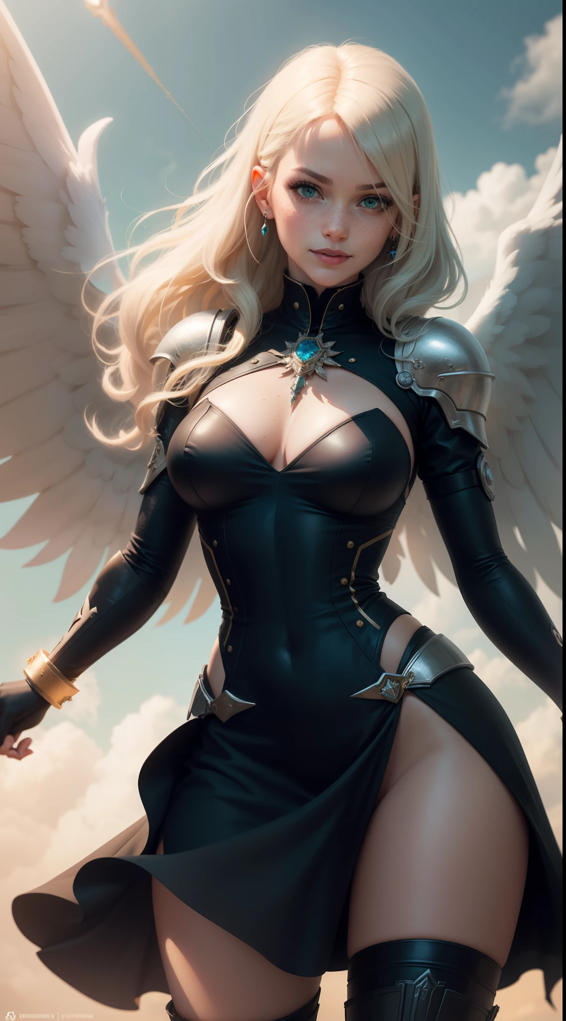 gwen tennyson,yorha 2b,tracer,jill valentine, overwatch,atelier ryza,close up,holy kingdom battle,tattoos,orange and white plugsuit,white short sleeve angel top,golden short sleeve knight robe,long steampunk skirt,angel halo,uncovered belly,long curly hair,punk makeup,green eyes,multicolored silver hair,long dress train,sexy smile,freckles,beautiful girl,thigh high boots,large breasts,8k,ultra detailed, realistic,fantasy art,holy armor,long holy dress,hair pin,ear piercings,crystal head and neck jewelry,(weather:windy),1girl,long orange angel cape,holding a crystal dagger,large black angel wings,