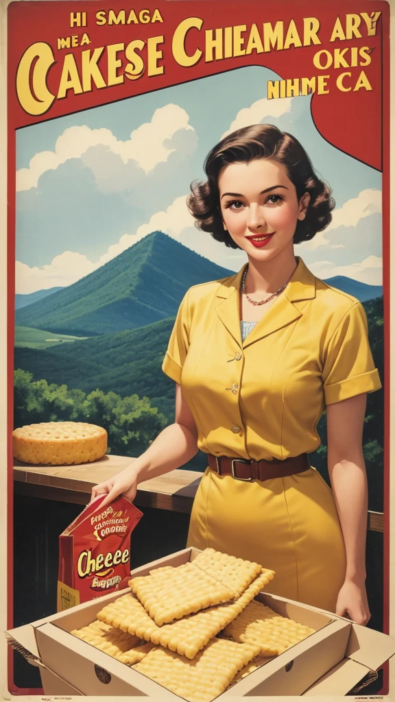 1940s poster, ad for "cheese crackers", simple box design, simple label, cheese crackers crisp in a pile, attractive native woman, brand name is "Okie Mountain"