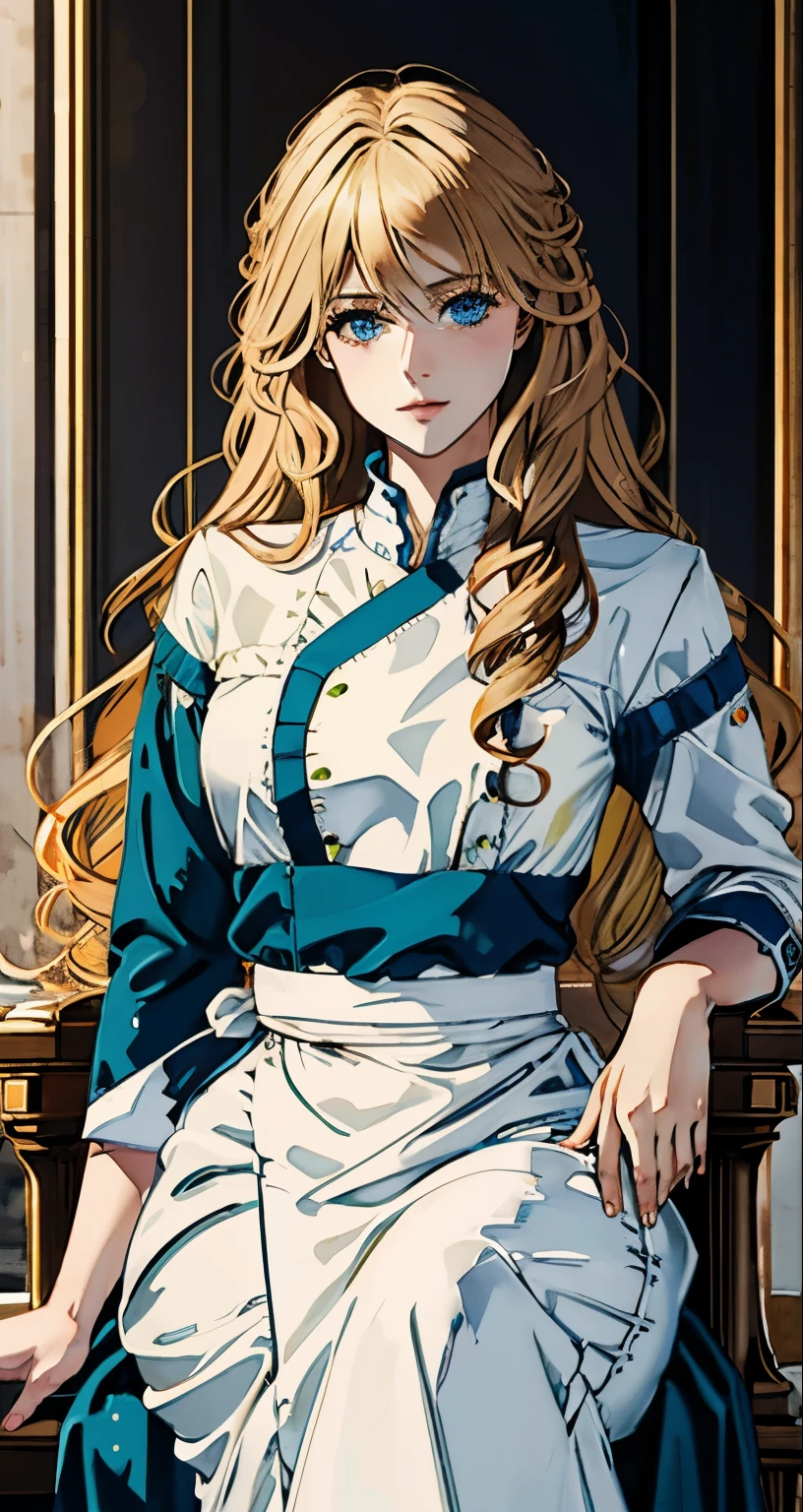 best quality, chef-d'artwork, Realistic, photoRealistic, 3 fille, a blonde with blue eyes on a throne, une fille brune qui l'enlace, a girl with bluish green eyes who sits below the blonde girl, 1 guy with green eyes and curly brown hair.