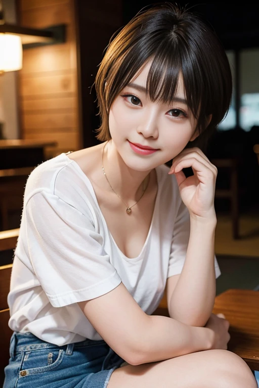 short cut hair,beautiful,K-POP idol,japanese idol,japanese actress,High resolution,beautiful skin,8K,RAW photo,highest quality,masterpiece,realistic,photo-realistic,clear,professional lighting,beautiful顔,highest quality,超High resolution,whole body,sexy,beautiful歯列, beautiful唇,smile,denim mini skirt,Beer