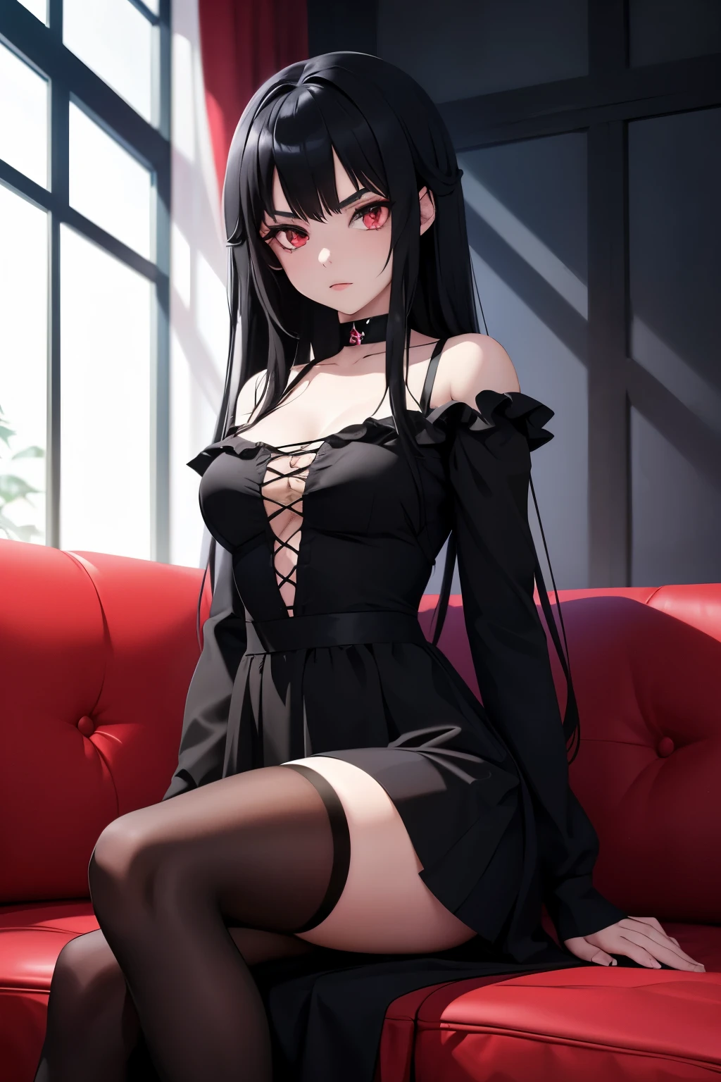 anime girl with black hair sitting on a red couch, 20 - year - old anime goth girl, seductive anime girl, anime girl wearing a black dress, portrait gapmoe yandere grimdark, portrait of an anime girl, 