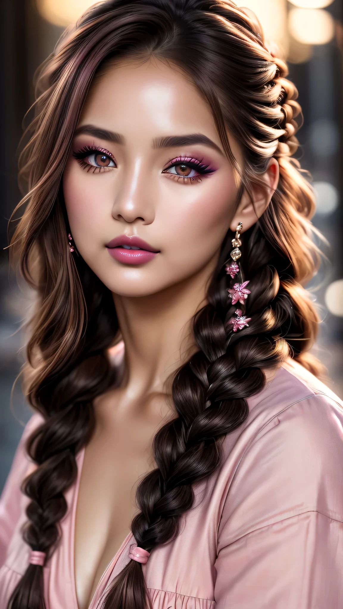 Ultra-realistic、 ultra-detailed primetime portraits、 最high quality、 8K, highest level、 The ultra -The high-definition)、(Super beautiful)、(beautiful face:1.5)、(detailed face:1.5)、(detailed eyes:1.25)、(detailed lip:1.35)、(Detailed nose:1.2)、1girl:1.2 22 years old、fashion supermodel、real:1.55、photorealistic:1.55、very delicate and beautiful、fine details、masterpiece、 最high quality、 high quality、 High resolution、 (Glamour、 paparazzi taking pictures of her)、 (light side braids low-braided long hair、 extremely detailed)、 high contrast、 (dark shot:1.07)、 Long 2blue_eyelashes:1.38、 (dark_eyeshadows:1.25)、 (Glossy) red_lipstick:1.45、(perfect round eyes)、 ((brown_eyes:1.3))、 (pink_makeup:1.28)、(tanned matte skin:1.27)、 ((upper body shot))