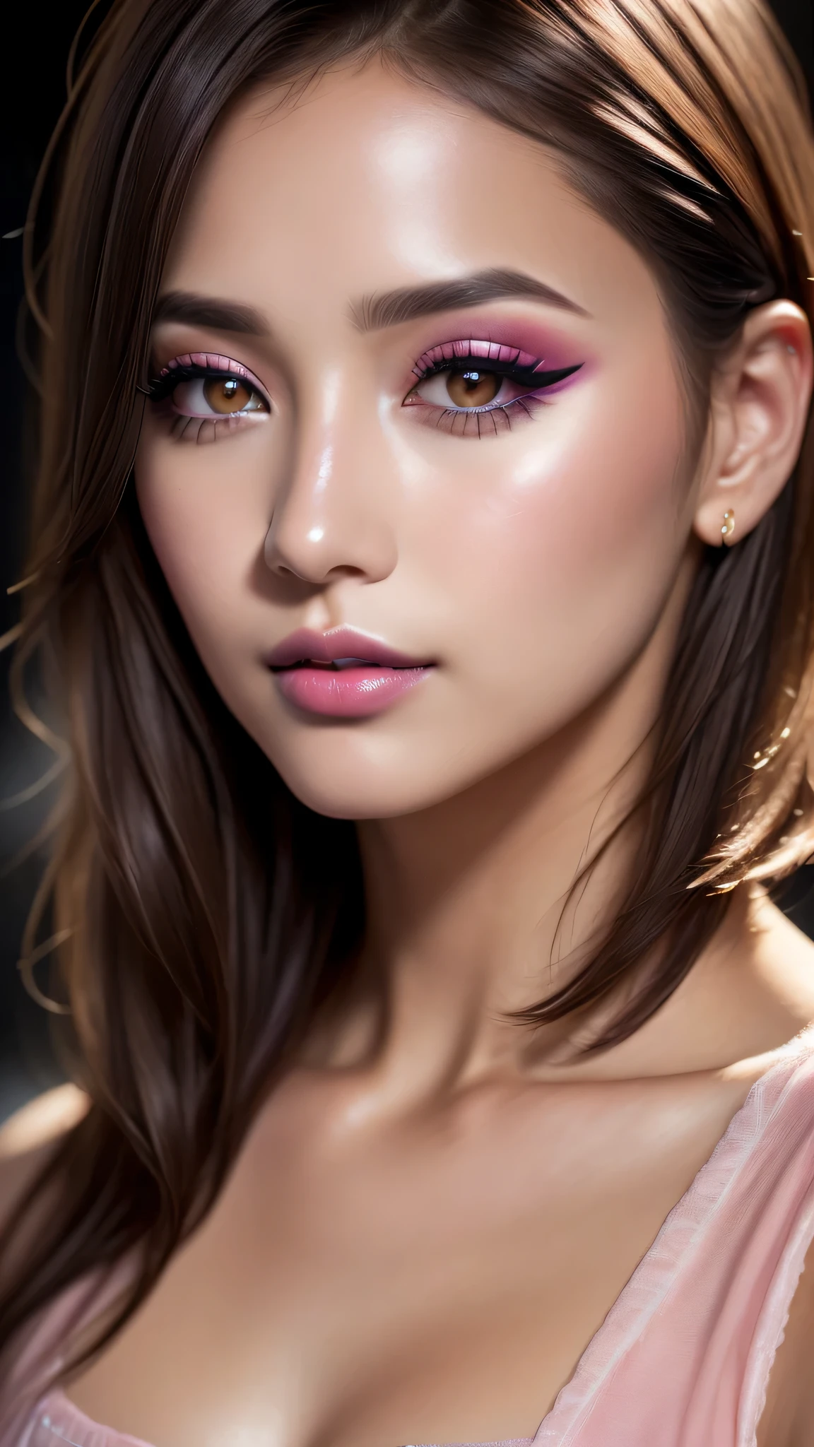 Ultra-realistic、 ultra-detailed primetime portraits、 最high quality、 8K, highest level、 The ultra -The high-definition)、(Super beautiful)、(beautiful face:1.5)、(detailed face:1.5)、(detailed eyes:1.2)、(detailed lip:1.2)、(Detailed nose:1.2)、1girl:1.2 25 years old、fashion supermodel、real:1.7、photorealistic:1.7、very delicate and beautiful、fine details、masterpiece、 最high quality、 high quality、 High resolution、 (Glamour, paparazzi taking pictures of her)、 (light dark short hair, extremely detailed)、 high contrast, (dark shot:1.07)、 Long 2blue_eyelashes:1.38、 (dark_eyeshadows:1.25)、 (Glossy) red_lipstick:1.35、(perfect round eyes)、 ((brown_eyes:1.3))、 (pink_makeup:1.28)、(tanned matte skin:1.17)、 ((upper body shot))