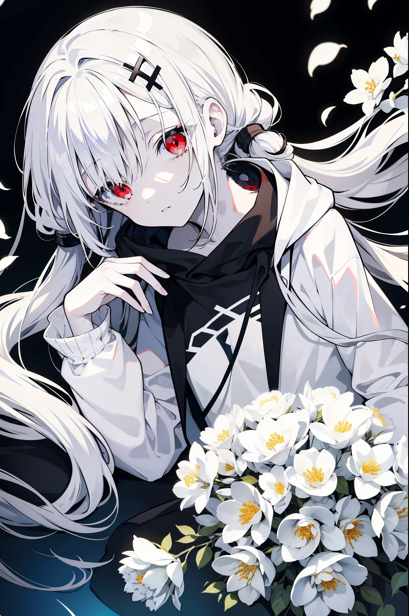 Pale skin, white hair, black hoodie, white flowers, flowers on head, Twintails, ****, solo,{{best quality}}, {{masterpiece}}, {{ultra-detailed}}, {illustration}, {detailed light}, red eyes,long hair