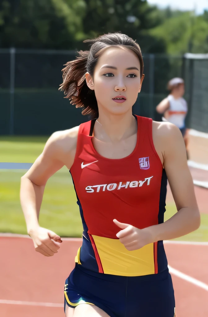 Super high quality,Super high quality,Ultra high definition,masterpiece,ultra high resolution,delicate skin,cute髪,deep shadows,contrast,real,japanese woman,beautiful asian,cute,若いcute,big plump breasts, at track and field,(Athletic Wear,Separate Type),short hair,straight standing pose,brown hair,look at the camera,valley
