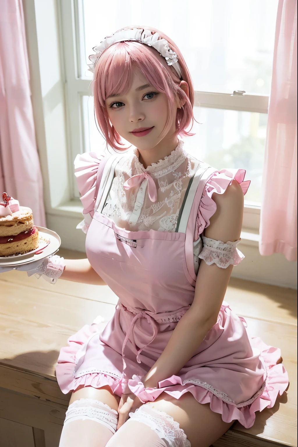 (8K, top-quality, masterpiece:1,2), (reallistic, Photorealsitic:1.37), Super Detail, One girl,), (Highly detailed), (beautifully detailed eyes), (of the highest quality), (super detailed ), (masterpiece), (Detailed face),20yr old, ,1 girl, ((pink hair,Very short hair)), medium breasts, clothed, Perfect Lighting, (pink lace apron:1.3), (white blouse:1.2), (pink vest:1.2), (pink frill skirt:1.3), (A-line silhouette:1.2), (ribbons and frills:1.4), (white knee socks:1.2), (black mary jane shoes:1.2), (pink headband:1.2), (white lace gloves:1.2), BREAK bangs on right side, ear on left side, pink headband, smiling, open eyes, biting lower lip, leaning forward, holding a tray, cup of tea and cake on tray, left hand on chest, right hand holding tray, legs slightly apart and bent, white wall, pink curtains, bright sunlight from window, natural light from left side, soft shadows, pink filter