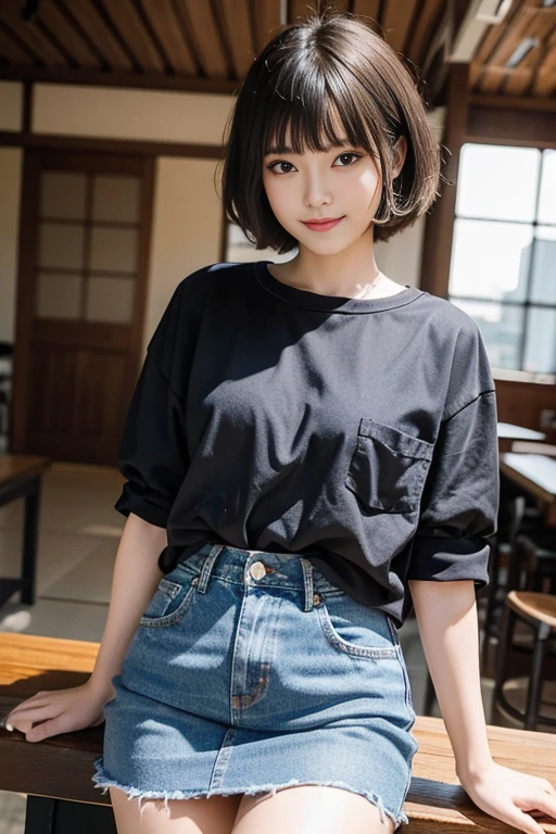 short cut hair,beautiful,K-POP idol,japanese idol,japanese actress,High resolution,beautiful skin,8K,RAW photo,highest quality,masterpiece,realistic,photo-realistic,clear,professional lighting,beautiful顔,highest quality,超High resolution,whole body,sexy,beautiful歯列, beautiful唇,smile,denim mini skirt,Beer