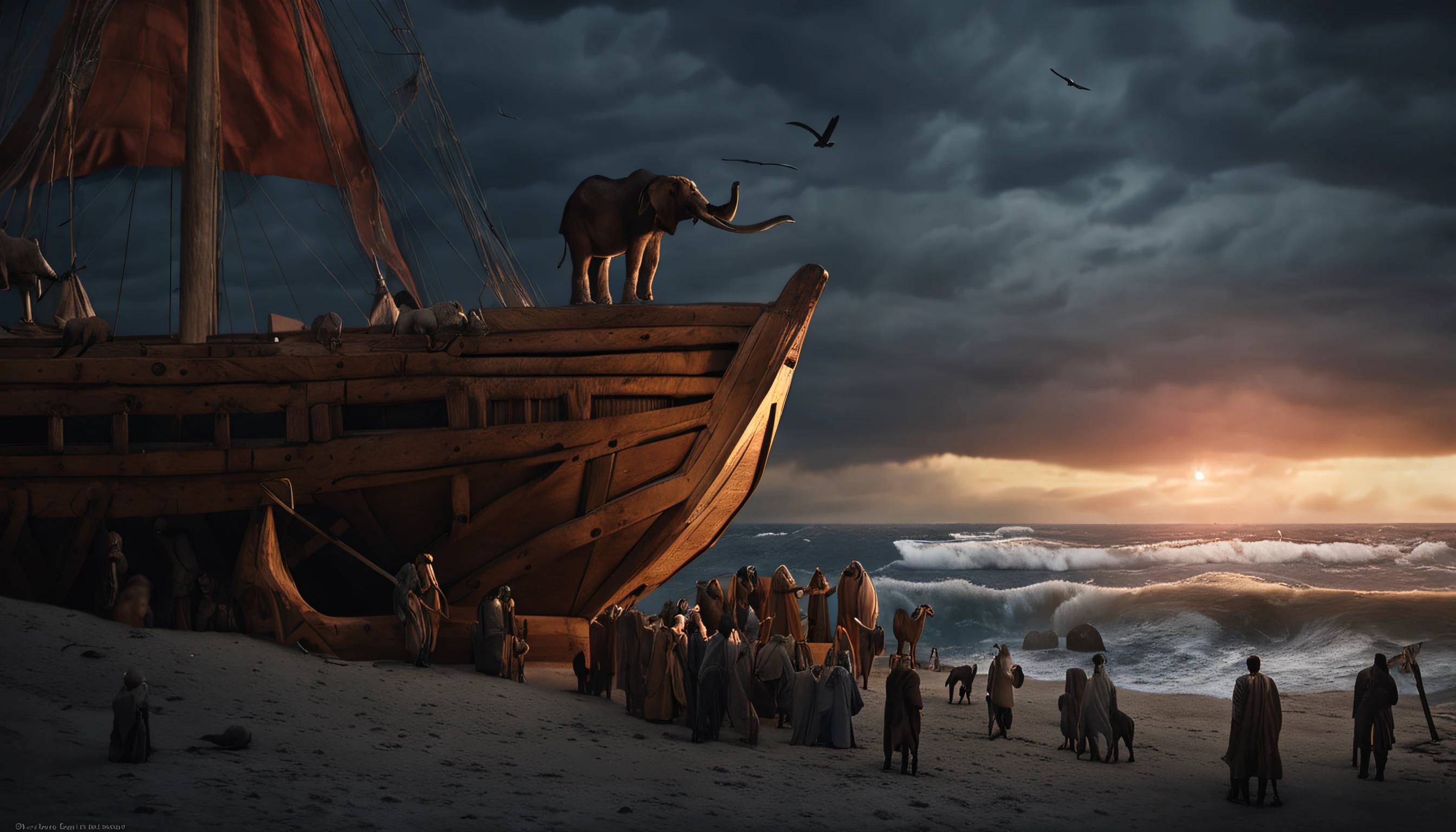 closeup on Noah next to the ark, Dark sky and many animals around the ark, ultrarrealista |