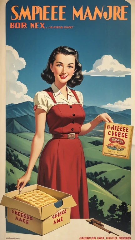 1940s poster, ad for "cheese crackers", simple box design, simple label, cheese crackers very small, attractive native woman, brand name is "Okie Mountain",