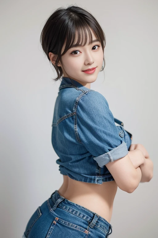 short cut hair,beautiful,K-POP idol,japanese idol,japanese actress,High resolution,beautiful skin,8K,RAW photo,highest quality,masterpiece,realistic,photo-realistic,clear,professional lighting,beautiful顔,highest quality,超High resolution,whole body,sexy,beautiful歯列, beautiful唇,smile,denim mini skirt,Beer