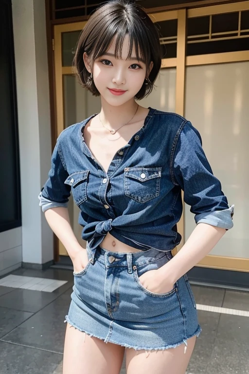 short cut hair,beautiful,K-POP idol,japanese idol,japanese actress,High resolution,beautiful skin,8K,RAW photo,highest quality,masterpiece,realistic,photo-realistic,clear,professional lighting,beautiful顔,highest quality,超High resolution,whole body,sexy,beautiful歯列, beautiful唇,smile,denim mini skirt,Beer