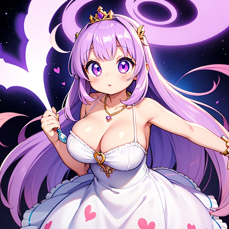 Princess with big lilac hair, olhos castanhos, pele clara, lilac and white swirled dress, e coroa de ouro, is wearing a lilac heart-shaped necklace, and your curves are remarkable and your breasts are big too