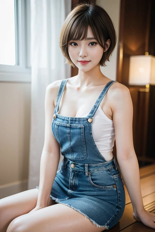 Highest quality、、 Compensate、masterpiece、Ultra-high resolution、Clear photos、Natural light、very cute、The cutest Erina Mano、Baby Face、(Small breasts:1.6、Flat Chest:1.6)、Slender body、Tight waist、(Very short hair:1.6)、Brown Hair、smile、Delicate face、Beautiful Skin、(Naked and wearing overalls:1.4)、(Hunchback、Her cleavage is visible)、living room、Head to knee photo:1.8