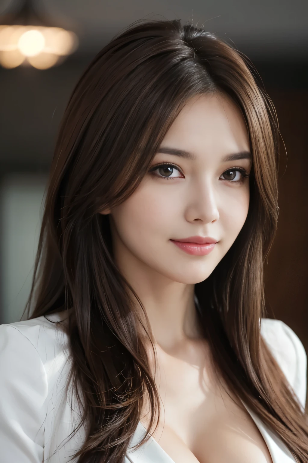 table top, highest quality, realistic, Super detailed, finely, High resolution, 8k wallpaper, 1 beautiful woman,, light brown messy hair, wearing a business suit, sharp focus, perfect dynamic composition, beautiful and detailed eyes, thin hair, Detailed realistic skin texture, smile, close-up portrait, model body shape,cleavage