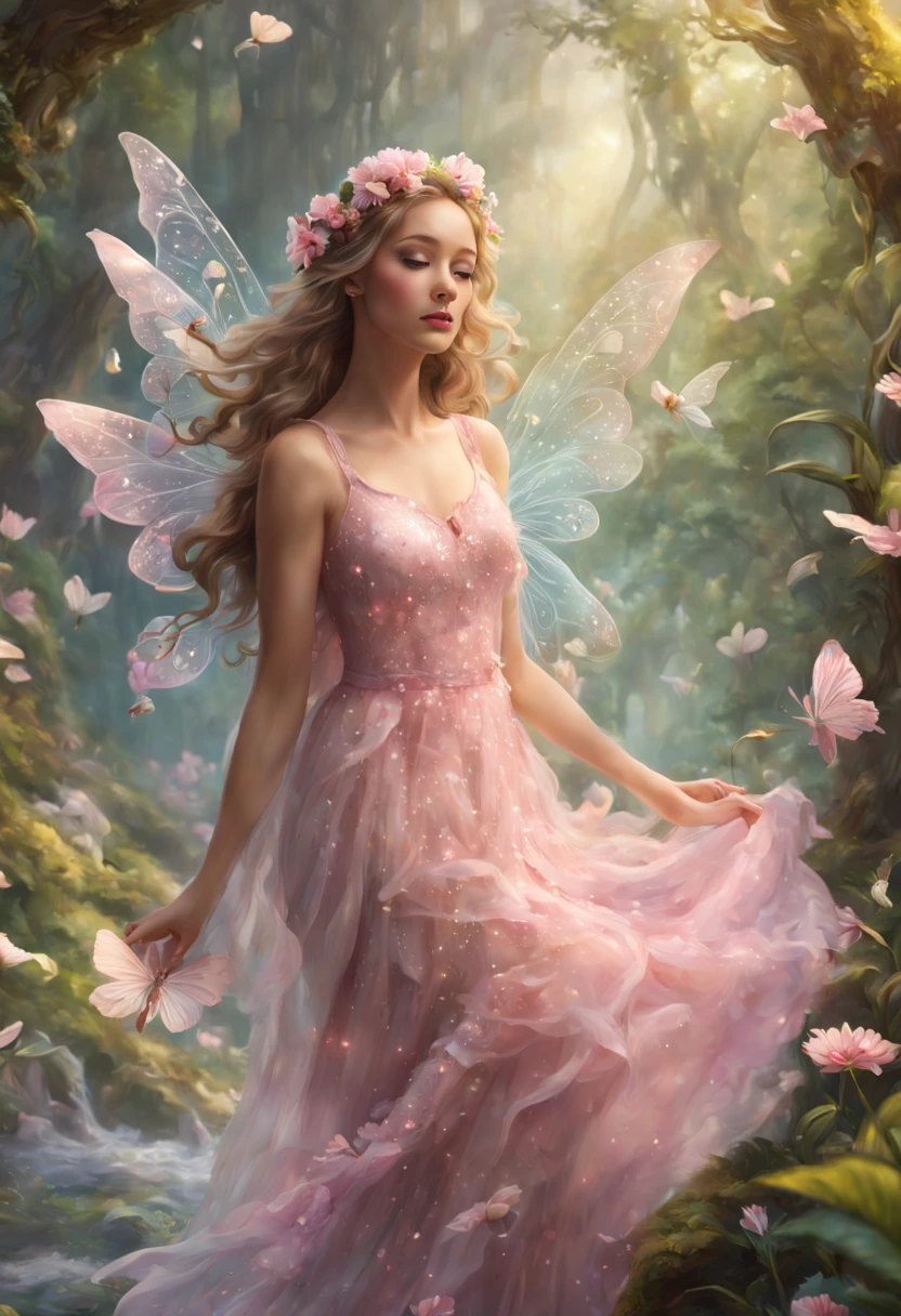 (best quality,4k,8k,highres,masterpiece:1.2),ultra-detailed,(realistic,photorealistic,photo-realistic:1.37),whimsical fairy wonderland,abstract art,pastel shades,harmonious blending,a fantasy world,charming fairies dancing,midsummer night's dream,wispy clouds floating,sparkling stars sprinkled,enchanted forest with towering trees,delicate flowers blooming with vibrant colors,soft golden sunlight filtering through the leaves,glowing mushrooms illuminating the path,magical waterfalls cascading down into crystal clear pools, ethereal music playing in the background,colorful butterflies fluttering around,playful fireflies lighting up the night,ivory-winged creatures soaring in the sky,whispering secrets of nature's magic,serene and magical atmosphere,creating a sense of wonder and enchantment,transcending reality,inviting viewers to immerse themselves in this dream-like realm.