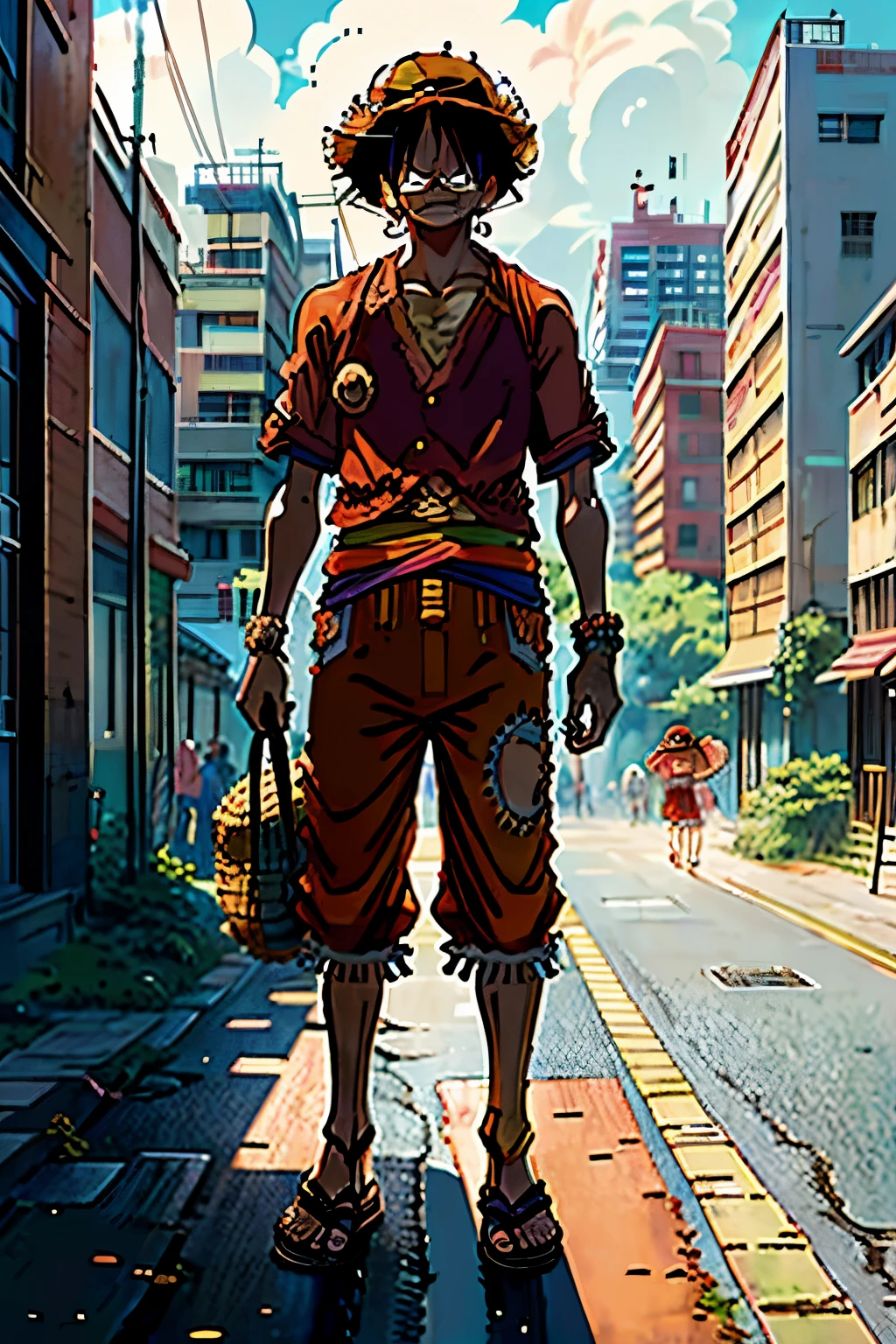 Luffy One Piece, Alone in a City (1 person):
(Anime style: 1.5), (Detailed, Manga-inspired: 1.4), (Luffy: 1.7), (Straw hat: 1.2), (One Piece: 1.3), (Casual outfit: 1.2), (Cityscape: 1.4), (Lonely figure: 1.2), (Urban environment: 1.3), (Realistic shading: 1.3), (Emotional intensity: 1.2), (Moody atmosphere: 1.3), (Full body