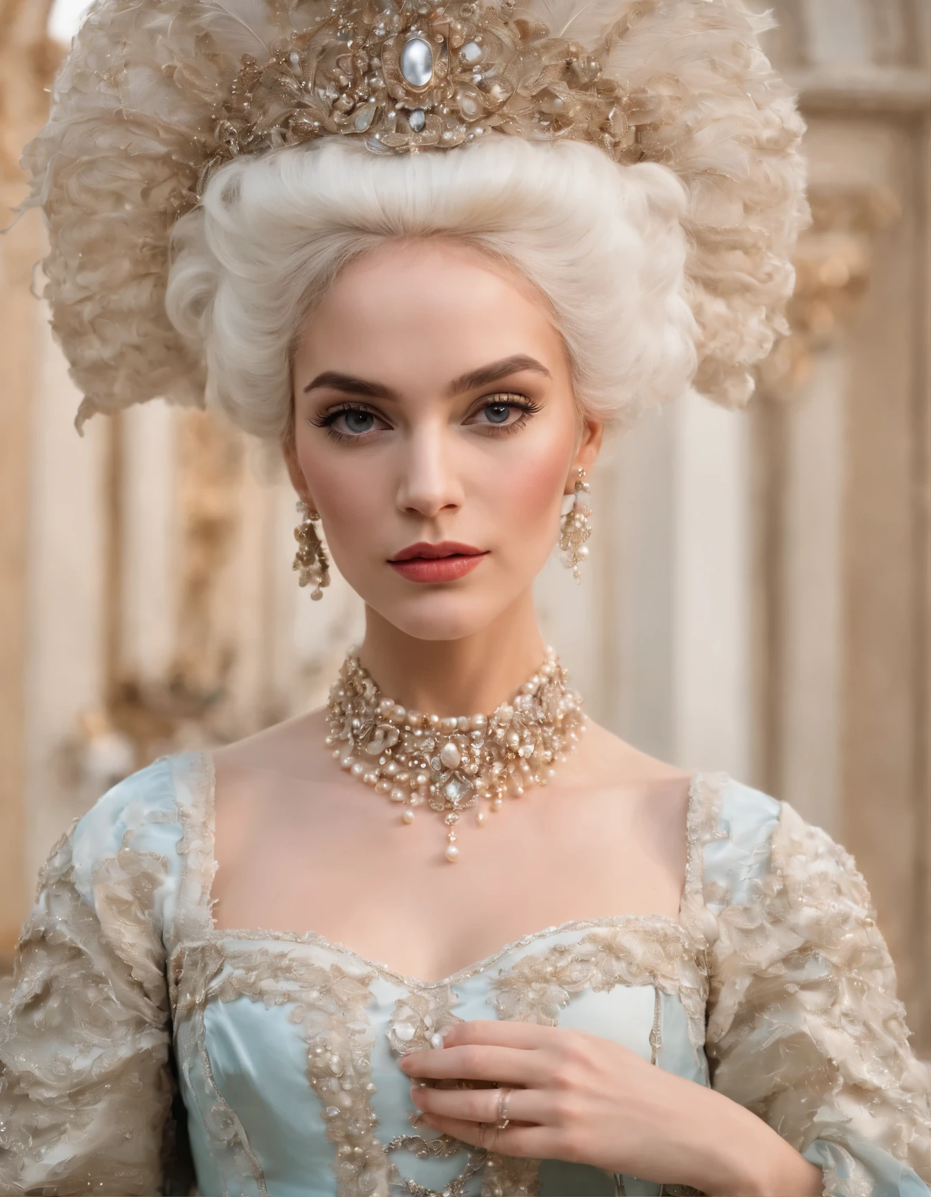 An black Marie Antoinette resplendent in opulent Rococo attire, radiating grandeur and extravagance with an extravagant headdress, adorned in delicate pearls and plush pastel hues, in the style of shiny rhinestone crystals