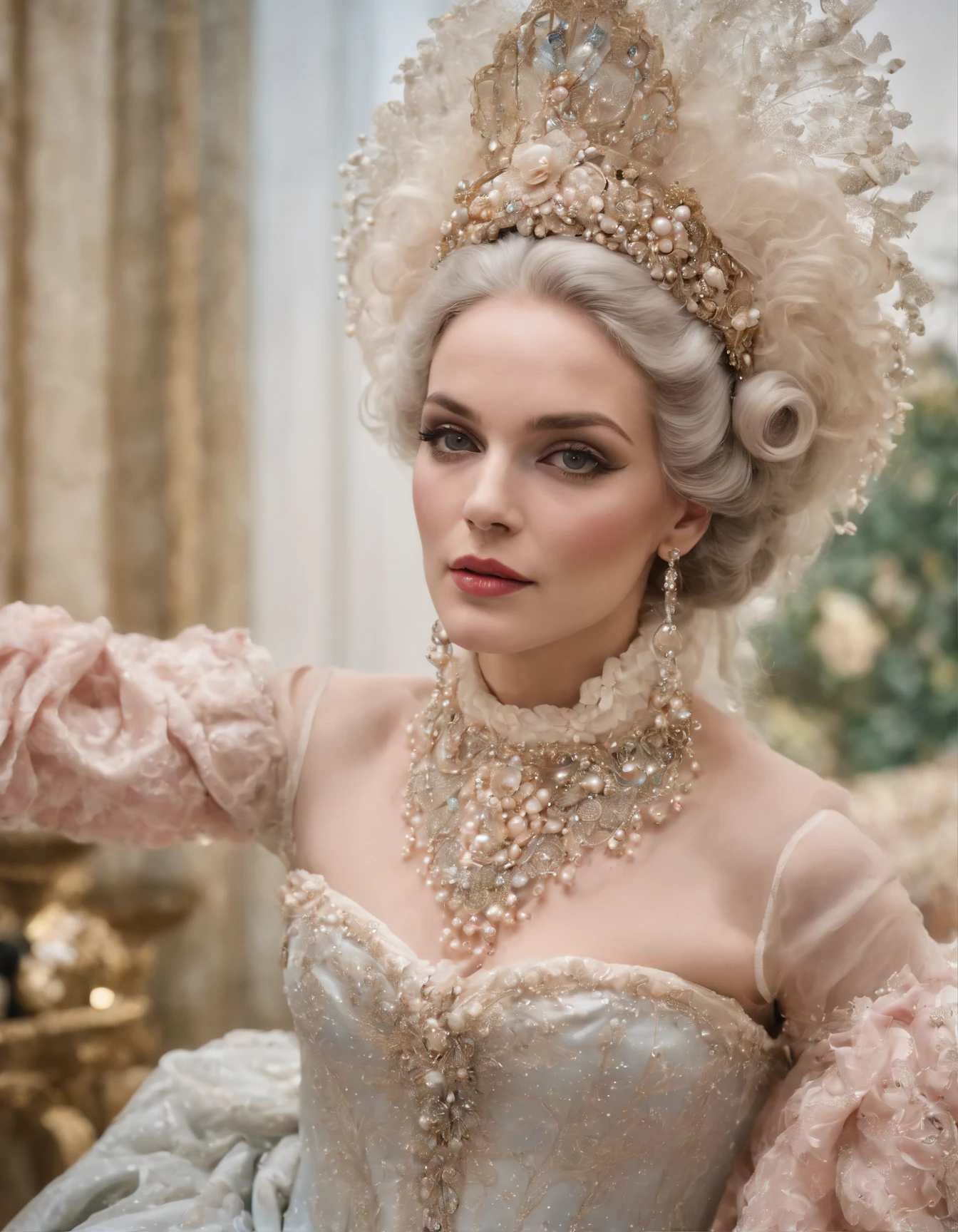 An black Marie Antoinette resplendent in opulent Rococo attire, radiating grandeur and extravagance with an extravagant headdress, adorned in delicate pearls and plush pastel hues, in the style of shiny rhinestone crystals