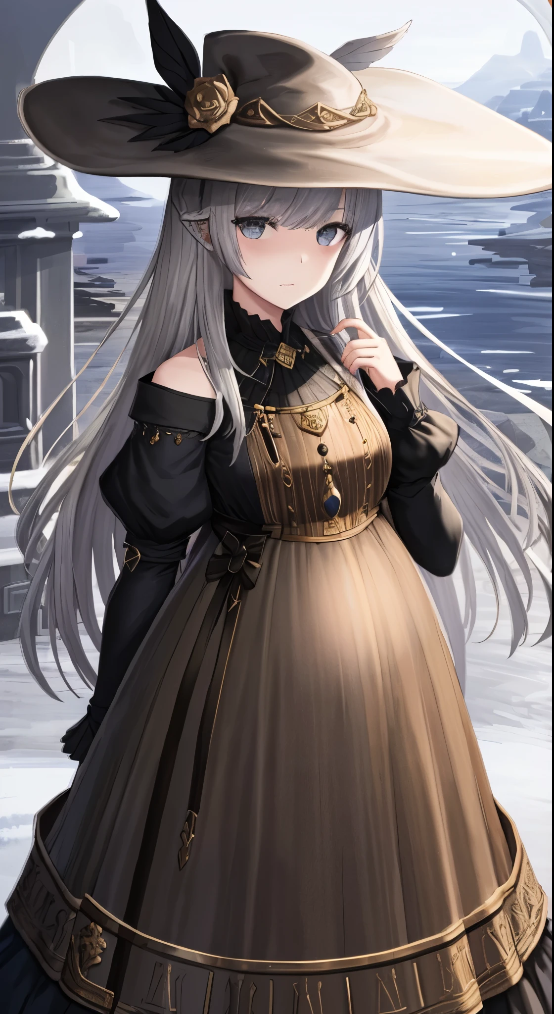 ((best quality)), ((highly detailed)), tmasterpiece, ((official art)), extremelydetailedface, beauitful face, (detailed eyes, deep eyes), (1girl:1.33, solo), whm_glam, wearing whm_glam ， （A hat），pregnant belly，Pregnant belly