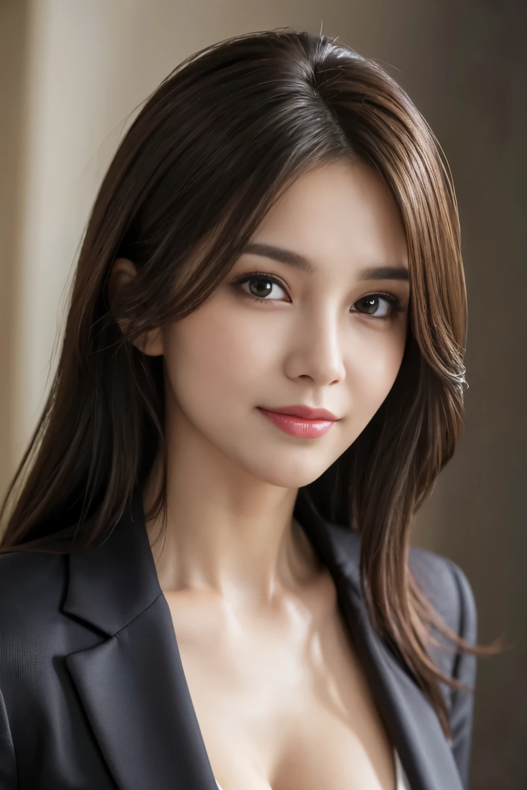 table top, highest quality, realistic, Super detailed, finely, High resolution, 8k wallpaper, 1 beautiful woman,, light brown messy hair, wearing a business suit, sharp focus, perfect dynamic composition, beautiful and detailed eyes, thin hair, Detailed realistic skin texture, smile, close-up portrait, model body shape,cleavage