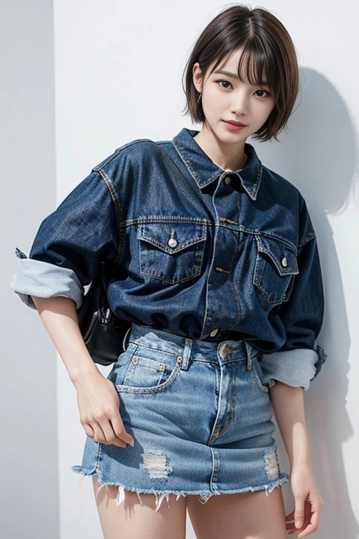 short cut hair,beautiful,K-POP idol,japanese idol,japanese actress,High resolution,beautiful skin,8K,RAW photo,highest quality,masterpiece,realistic,photo-realistic,clear,professional lighting,beautiful顔,highest quality,超High resolution,whole body,sexy,beautiful歯列, beautiful唇,smile,denim mini skirt,Beer