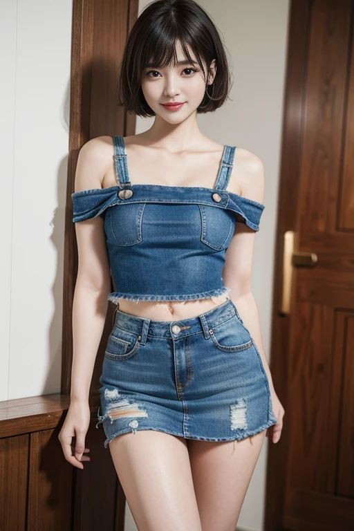 short cut hair,beautiful,K-POP idol,japanese idol,japanese actress,High resolution,beautiful skin,8K,RAW photo,highest quality,masterpiece,realistic,photo-realistic,clear,professional lighting,beautiful顔,highest quality,超High resolution,whole body,sexy,beautiful歯列, beautiful唇,smile,denim mini skirt,Beer