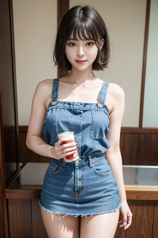 short cut hair,beautiful,K-POP idol,japanese idol,japanese actress,High resolution,beautiful skin,8K,RAW photo,highest quality,masterpiece,realistic,photo-realistic,clear,professional lighting,beautiful顔,highest quality,超High resolution,whole body,sexy,beautiful歯列, beautiful唇,smile,denim mini skirt,Beer