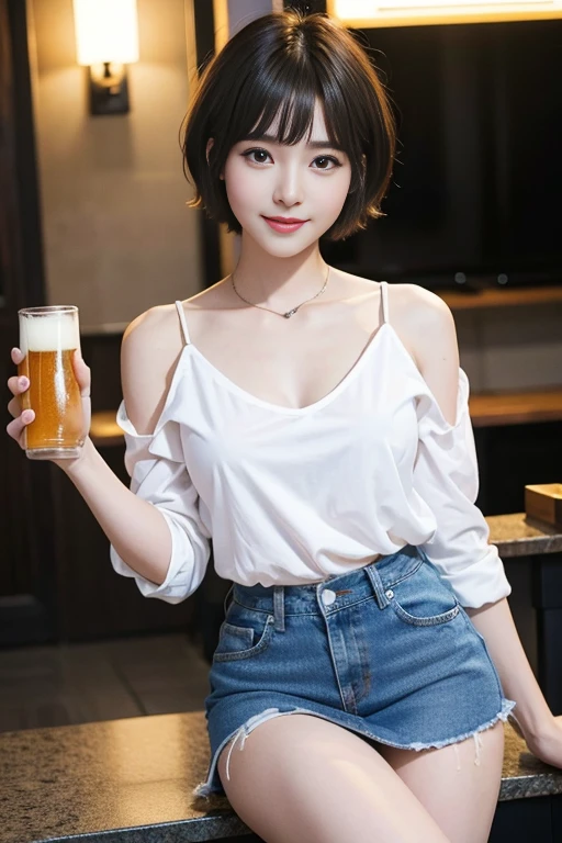 short cut hair,beautiful,K-POP idol,japanese idol,japanese actress,High resolution,beautiful skin,8K,RAW photo,highest quality,masterpiece,realistic,photo-realistic,clear,professional lighting,beautiful顔,highest quality,超High resolution,whole body,sexy,beautiful歯列, beautiful唇,smile,denim mini skirt,Beer