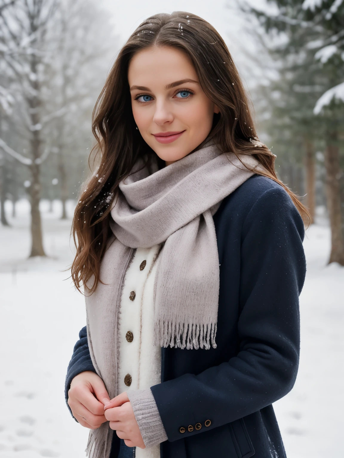 A beautiful young woman, 23 years old, with long brunette hair , dark blue eyes, stands elegantly amidst a snow-covered landscape. She is dressed in a warm, stylish pullover, a cozy coat, and a fashionable scarf. Her smile radiates warmth, and her eyes sparkle with joy. The snow gently falls around her, creating a magical and serene atmosphere.
The image should be captured in a high-quality, high-resolution format with extremely detailed background. The woman's skin should have the appearance of pores and imperfections, adding to the realism and authenticity of the photo.
The lighting should be soft and flattering, highlighting the woman's beauty and the beauty of the snow-covered landscape.
The photo should have a cinematic feel, with a sense of depth, dimension, and composition.
**The overall mood of the photo should be one of tranquility, serenity, and beauty.**