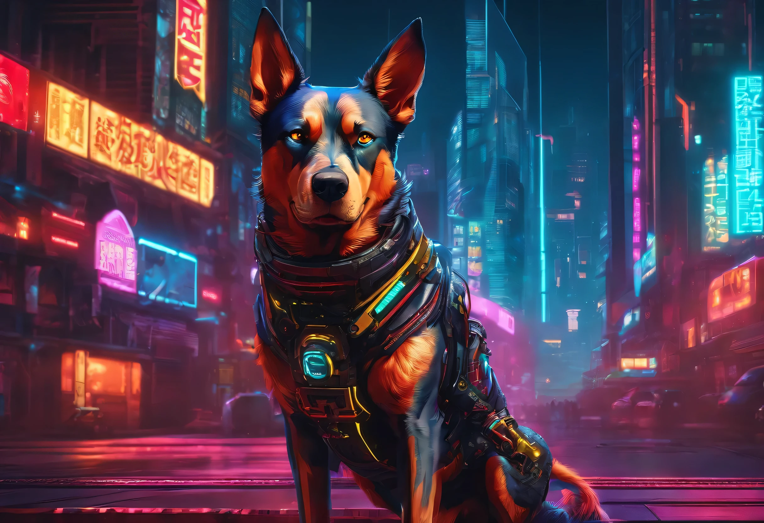 dog,(Mechanical Warrior: 1.2), Cyberpunk, Close-up, Front view, Symmetrical left-right composition, (Red is the dominant color: 0.7),