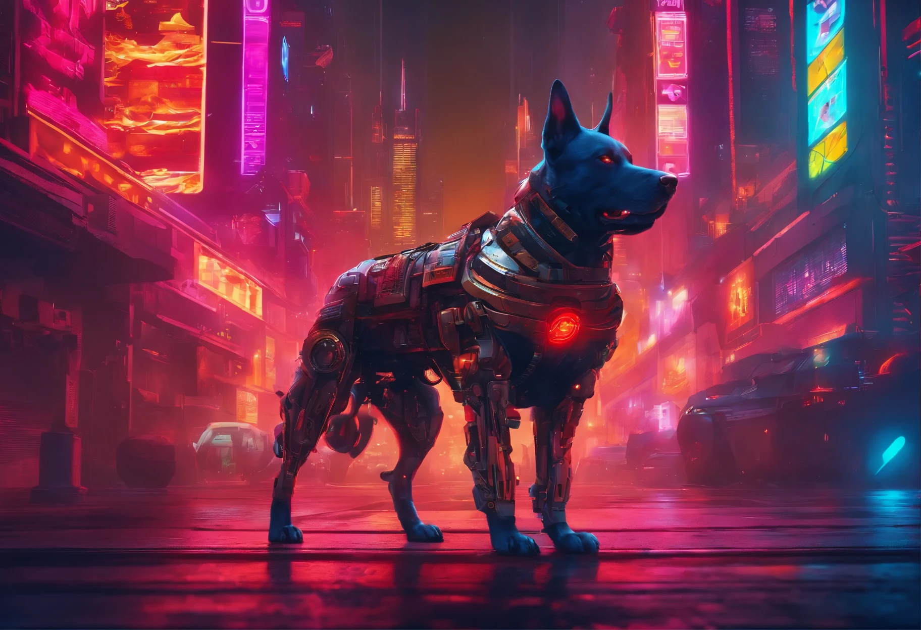 dog,(Mechanical Warrior: 1.2), Cyberpunk, Close-up, Front view, Symmetrical left-right composition, (Red is the dominant color: 0.7),