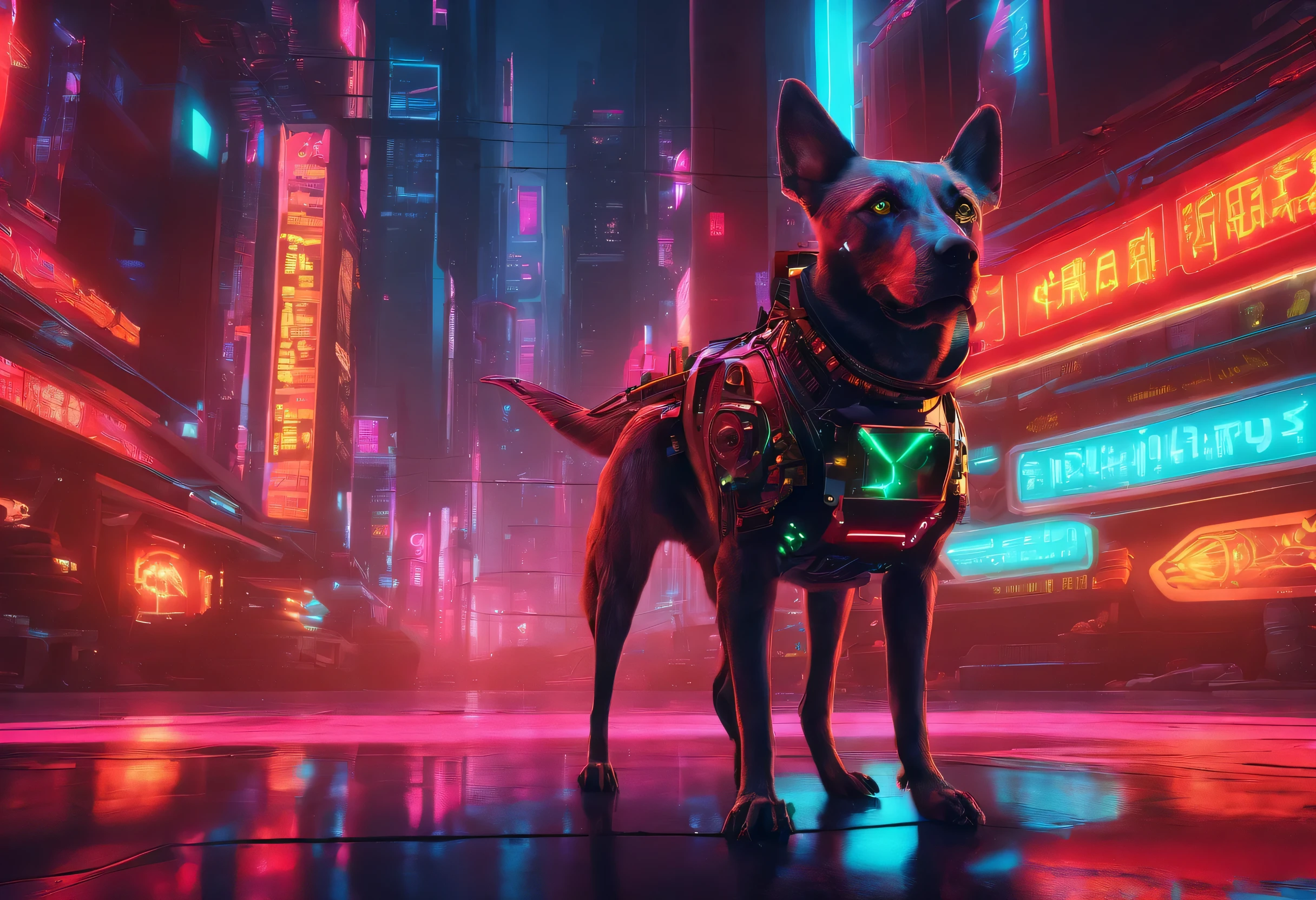 dog,(Mechanical Warrior: 1.2), Cyberpunk, Close-up, Front view, Symmetrical left-right composition, (Red is the dominant color: 0.7),