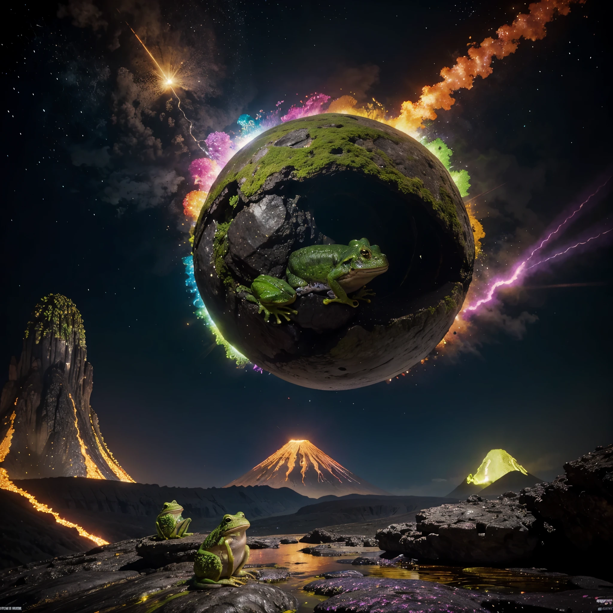 a frog sitting on a rock looking at a volcano, psychedelic frog, the earth sprouts lava, magnificent background, hd wallpaper, background artwork, hd art, pc wallpaper, dmt background, dmt visuals, film still of a frog, amazing background, 🚀🚀🚀, lsd visuals, neon lava radioactive swamp, alien frog, trippy art, volcano background, purple lightning, beautiful wallpaper