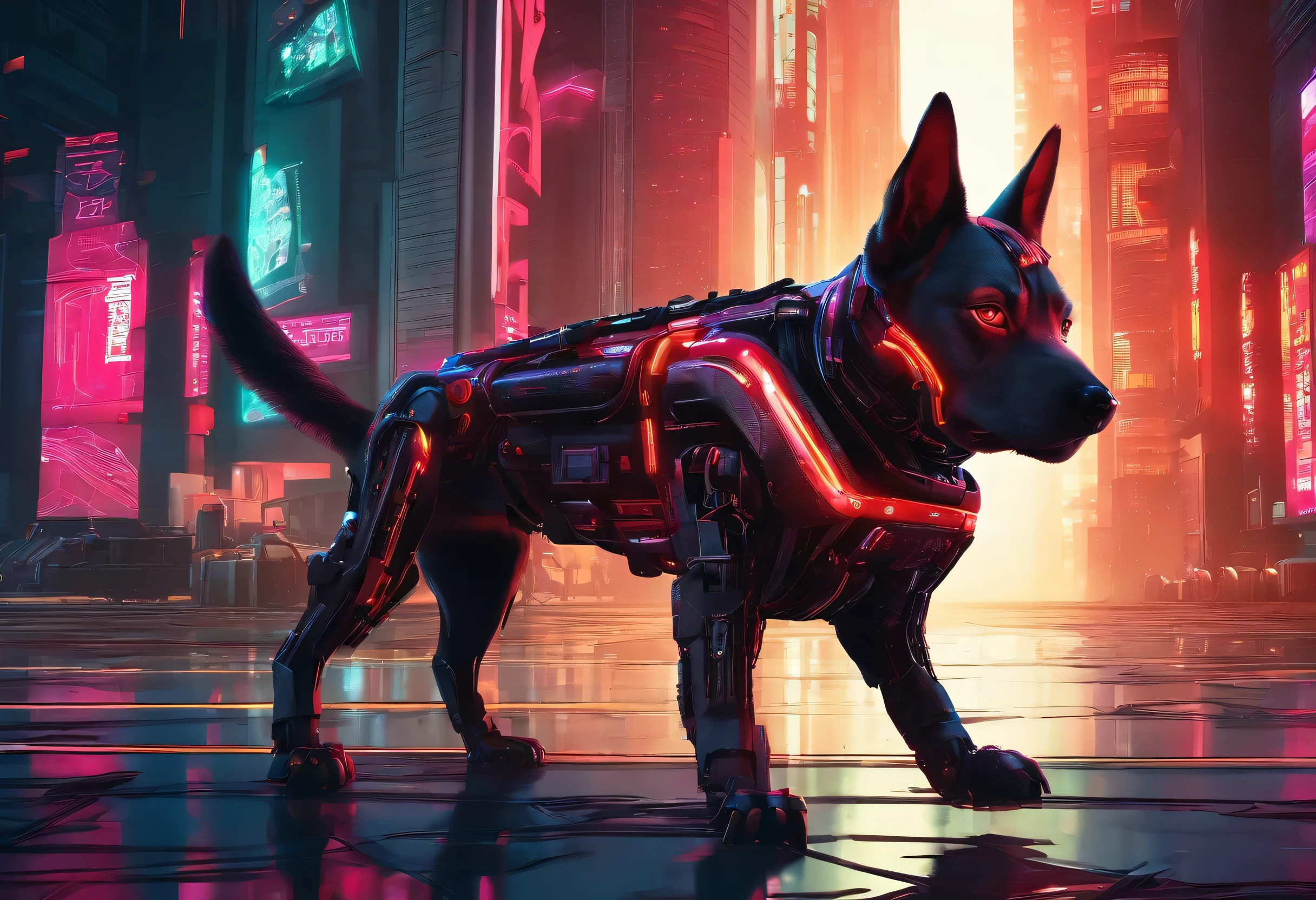 dog,(Mechanical Warrior: 1.2), Cyberpunk, Close-up, Front view, Symmetrical left-right composition, (Red is the dominant color: 0.7),