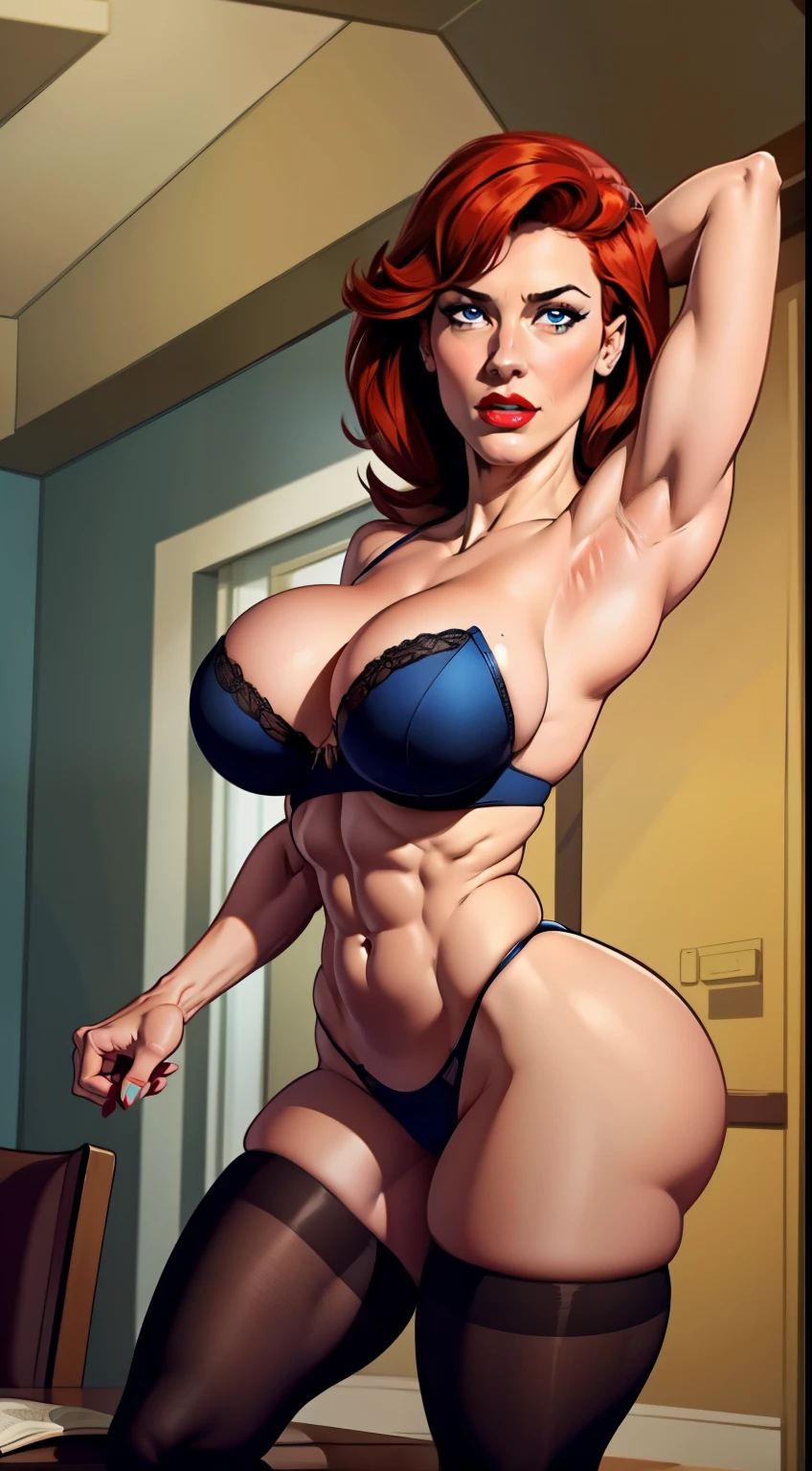 Deep of field, detailed background, hotel bedroom, nsfw, girl, sexy, linda flynn-fletcher, blue eyes, poised in an alluring action, with a lascivious face, black curly red hair falling over her shoulders, bright blue eyes, dressed in a revealing black bikini, including a black strapless bra, black thigh-high tights, and short sleeves. Her armpits are toned, showcasing her large hips, wide derriere, and muscular thighs. Her abs are tight, with muscles defining her abdomen. She wears red lipstick and has a beautiful, realistic face. Her expression is seductive.
